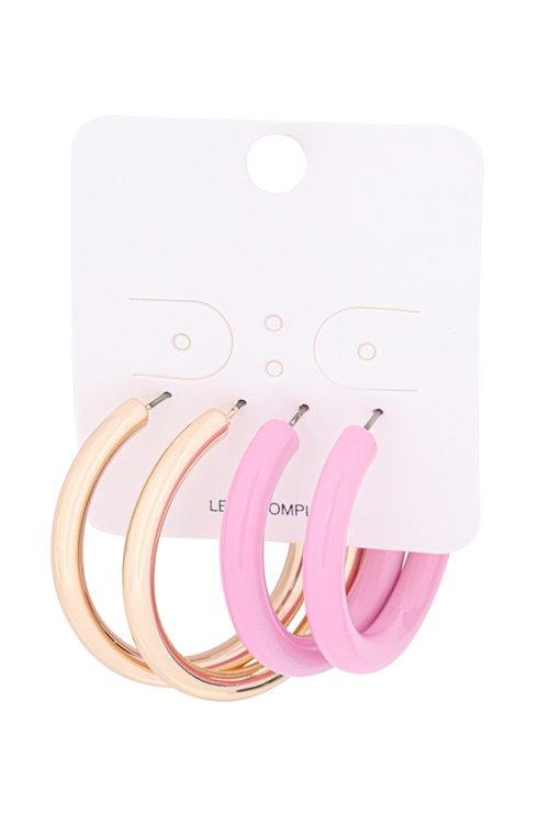 A2-2-2-QEA464GDPNK - 2 PAIR HOOP ROUND BAR EARRINGS W/ COLOR - GOLD PINK/1PC