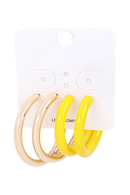 A2-2-2-QEA464GDYEW - 2 PAIR HOOP ROUND BAR EARRINGS W/ COLOR - GOLD YELLOW/1PC