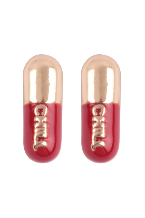 S6-5-1-QEA845GDRED - "CHILL" PILL TWO TONE STUD EARRINGS - GOLD RED/6PCS