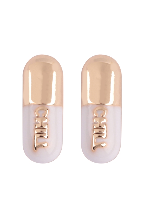 S6-5-1-QEA845GDWHT - "CHILL" PILL TWO TONE STUD EARRINGS - GOLD WHITE/6PCS