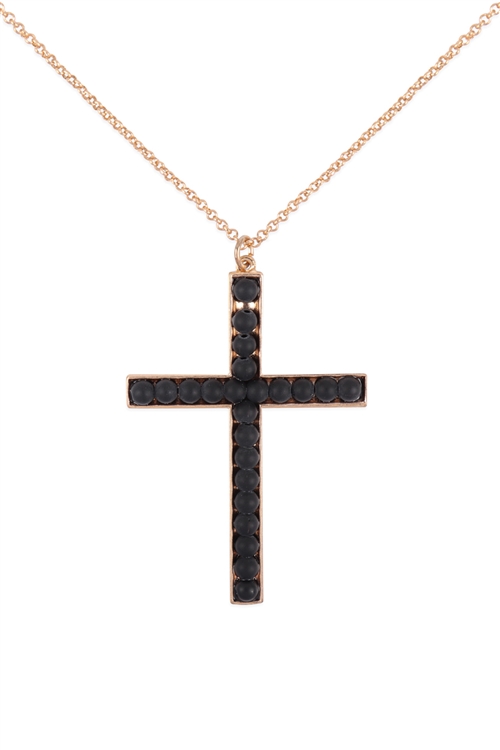 S6-4-2-QN4287WGBK - CROSS NATURAL STONE PENDANT NECKLACE- MATTE GOLD BLACK JASPER/1PC