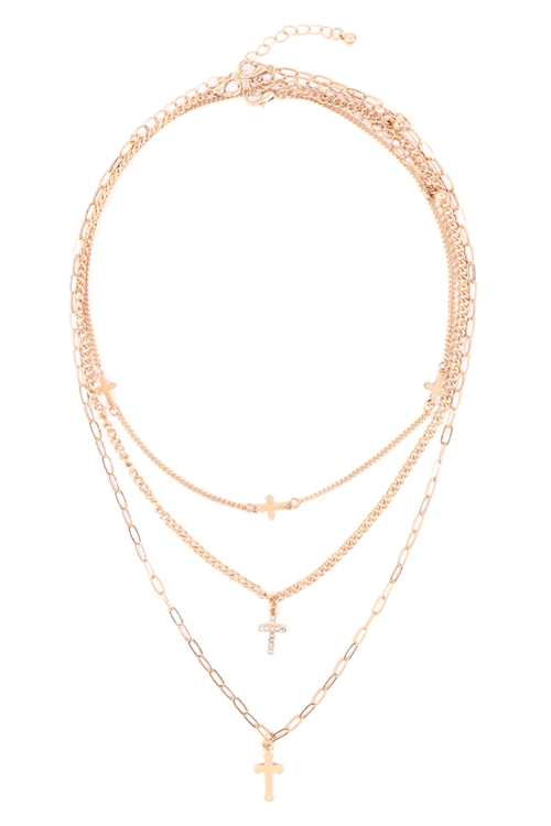 SA3-3-4-QN4332WG - SET LAYERED CHAIN CROSS WITH SIDEWAYS AND CUBIC NECKLACES - MATTE GOLD /1PC