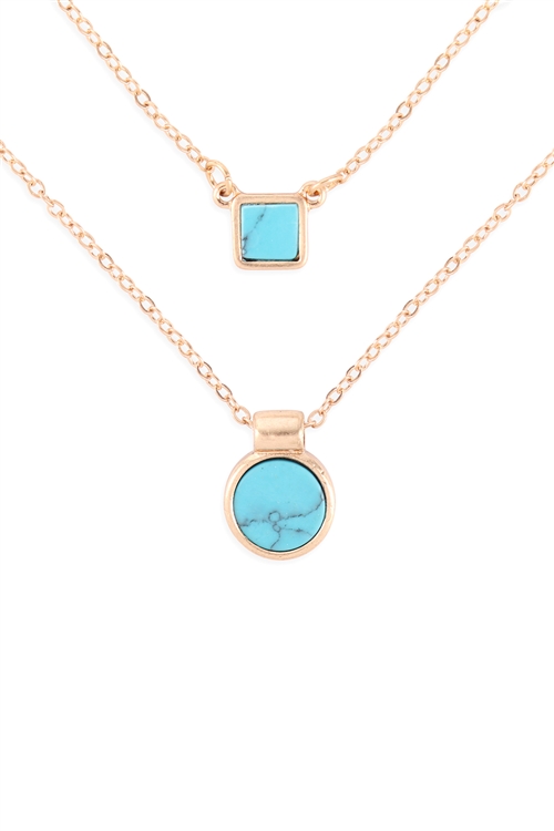 SA3-1-4-QN4354WGTQ - DOUBLE SET NATURAL STONE ROUND SQUARE PENDANT NECKLACE - ROUND TURQUOISE/1PC