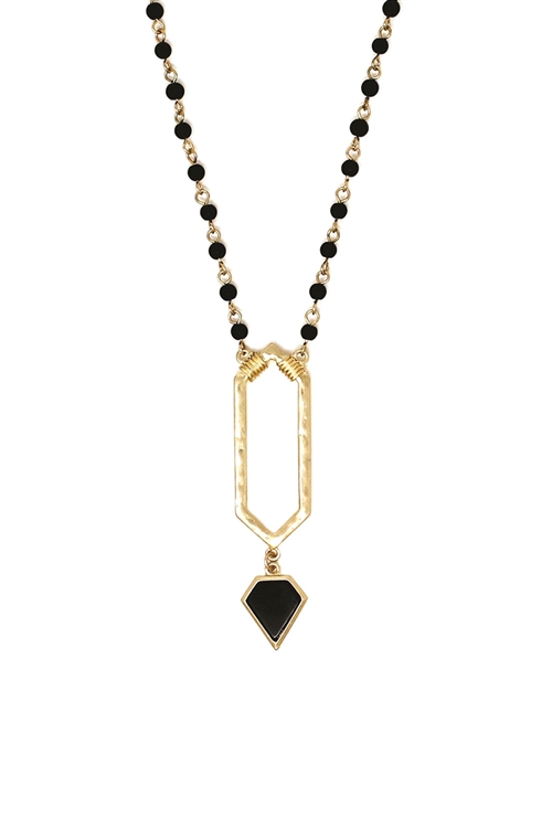 SA3-1-2-QN4368WGBK - GEOMETRIC DIAMOND PENDANT NATURAL STONE LONG NECKLACE-MATTE GOLD BLACK/6PCS