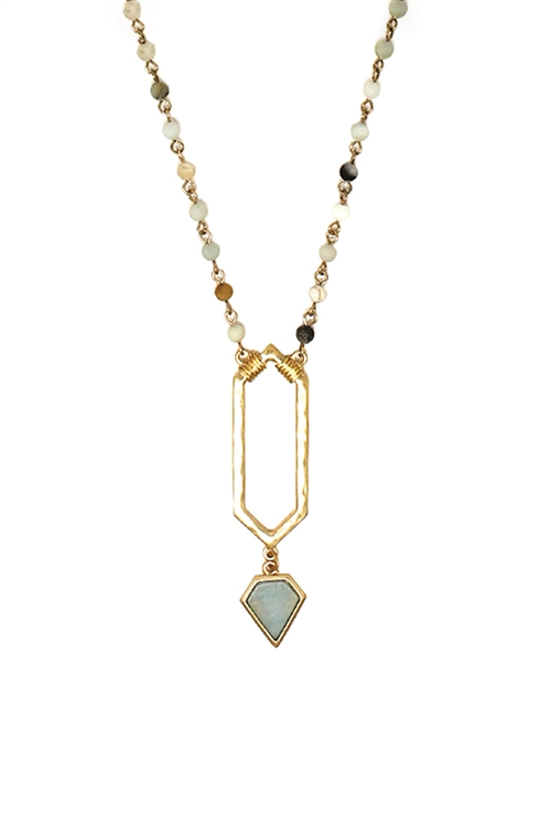 SA3-1-2-QN4368WGMI - GEOMETRIC DIAMOND PENDANT NATURAL STONE LONG NECKLACE-MATTE GOLD MINT/6PCS