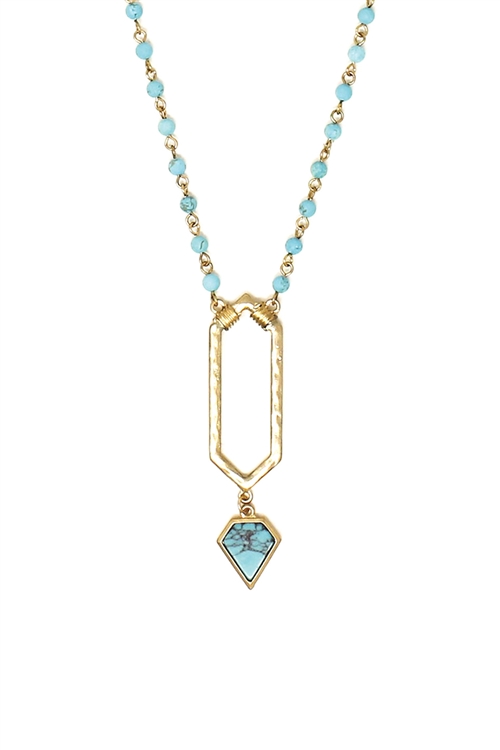 SA3-1-2-QN4368WGTQ - GEOMETRIC DIAMOND PENDANT NATURAL STONE LONG NECKLACE-MATTE GOLD TURQUOISE/6PCS