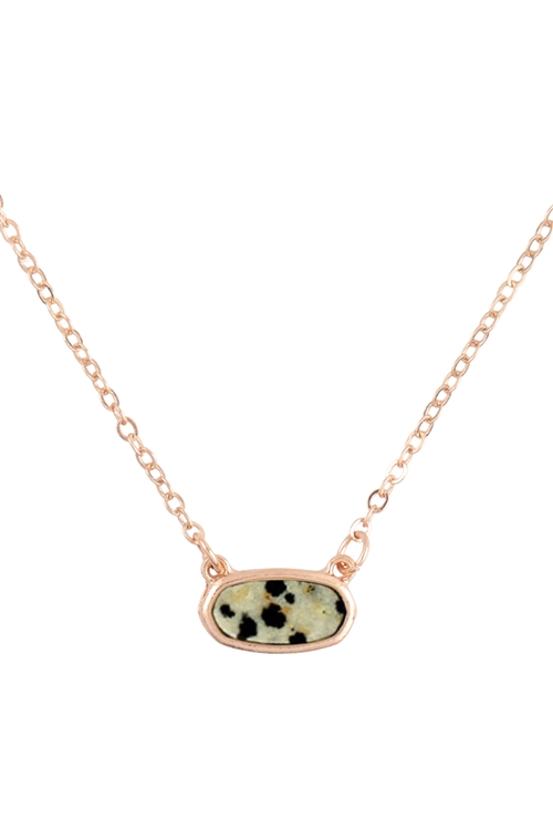 A2-2-4-QN4372WGDJ - NATURAL STONE OVAL PENDANT NECKLACE - MATTE GOLD DALMATIAN/6PCS