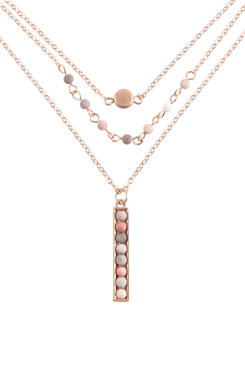 A1-3-4-QN4375WGPZ - BAR BEADS NATURAL STONE TRIO LAYERED NECKLACE SET - MATTE GOLD PINK/6PCS