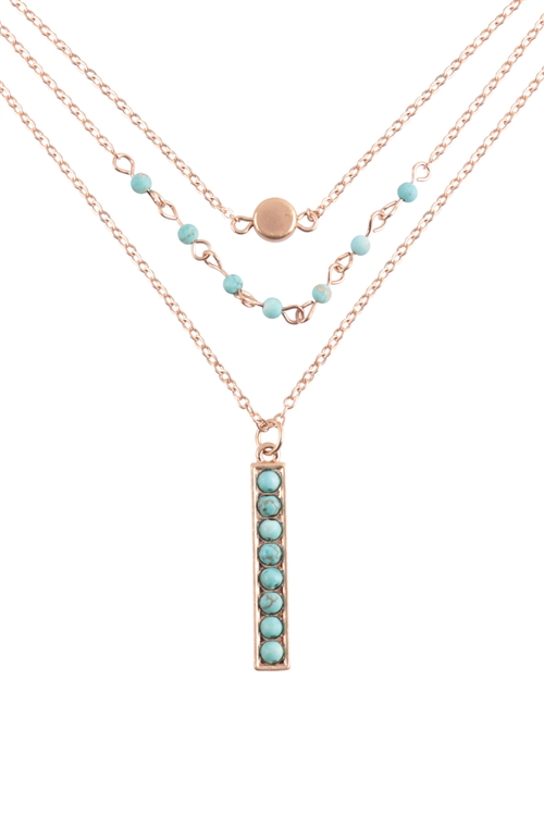 A1-3-4-QN4375WGTQ - BAR BEADS NATURAL STONE TRIO LAYERED NECKLACE SET - MATTE GOLD TURQUOISE/6PCS