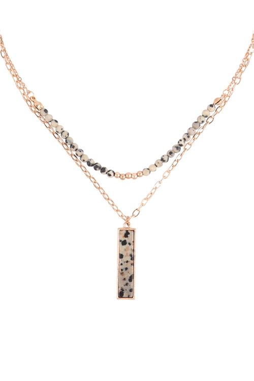 S1-2-1-QN4396WGDJ -  NATURAL STONE BAR PENDANT LAYERED SHORT NECKLACE - MATTE GOLD DALMATIAN/6PCS