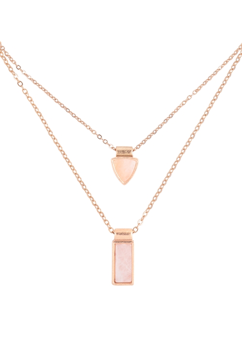 A1-3-3-QN4399WGPA - GEOMETRIC SHAPE NATURAL STONE LAYERED SHORT NECKLACE - MATTE GOLD PINK/6PCS