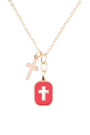 A2-3-3-QN4400GDRD - CROSS FRAME CLUSTER PENDANT SHORT NECKLACE - GOLD RED/1PC