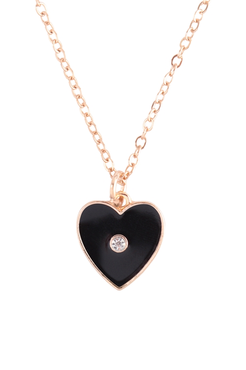 A1-3-4-QN4401GDBK - HEART W/ RHINESTONE PENDANT SHORT NECKLACE - GOLD BLACK/6PCS