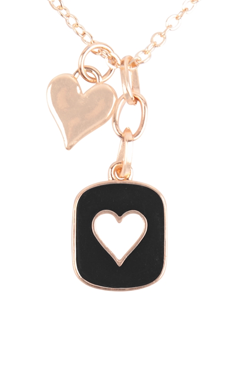 S1-2-3-QN4402GDBK - HEART FRAME COLORED CHARM PENDANT VALENTINE NECKLACE - GOLD BLACK/6PCS