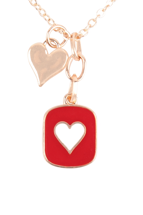 S1-2-3-QN4402GDRD - HEART FRAME COLORED CHARM PENDANT VALENTINE NECKLACE - GOLD RED/6PCS