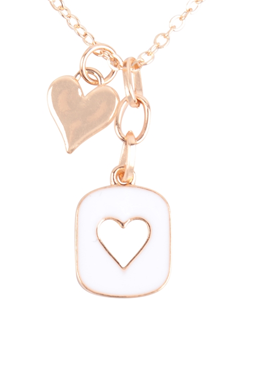 S1-2-3-QN4402GDWH - HEART FRAME COLORED CHARM PENDANT VALENTINE NECKLACE - GOLD WHITE/6PCS