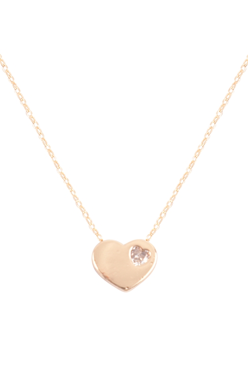 S6-5-3-QNA145GDCRY - HEART  PENDANT W/ CUBIC ZIRCONIA CHARM NECKLACE - GOLD CYRSTAL/6PCS