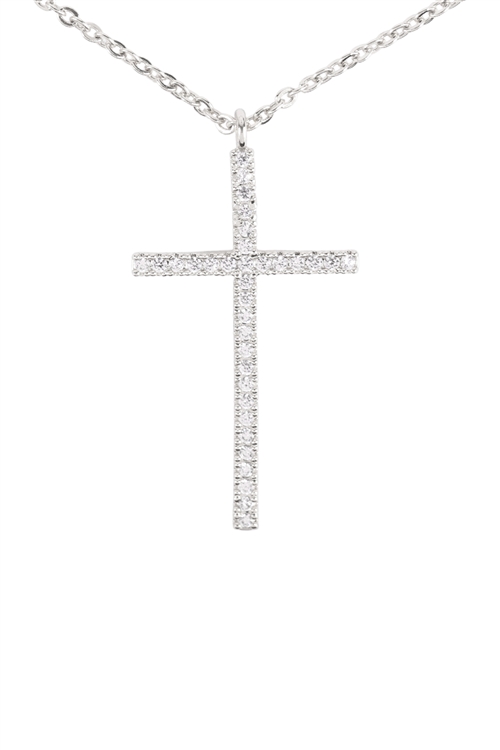 A3-2-3-QNA173SVCRY - CROSS PAVE CUBIC ZIRCONIA BRASS PENDANT NECKLACE - SILVER CRYSTAL/6PCS