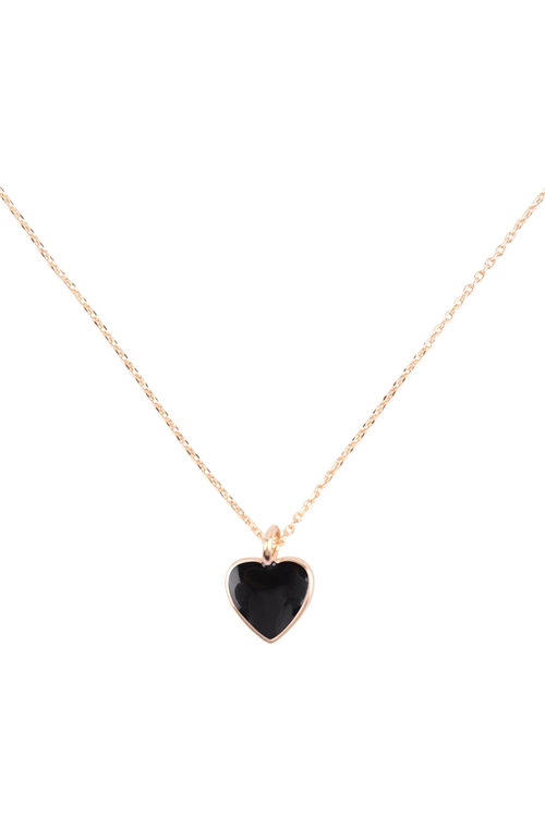 S1-2-3-QNA233GDBLK - HEART COLOR RESIN CHARM PENDANT NECKLACE - GOLD BLACK/6PCS