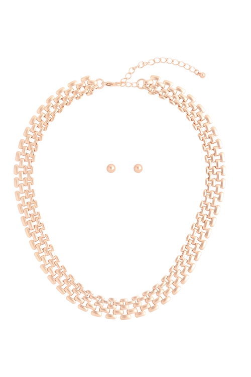 A1-3-2-QNE2710S-MG - FLAT WIDE CHAIN COLLAR NECKLACE AND EARRING SET-SEMI-MATTE GOLD/6PCS