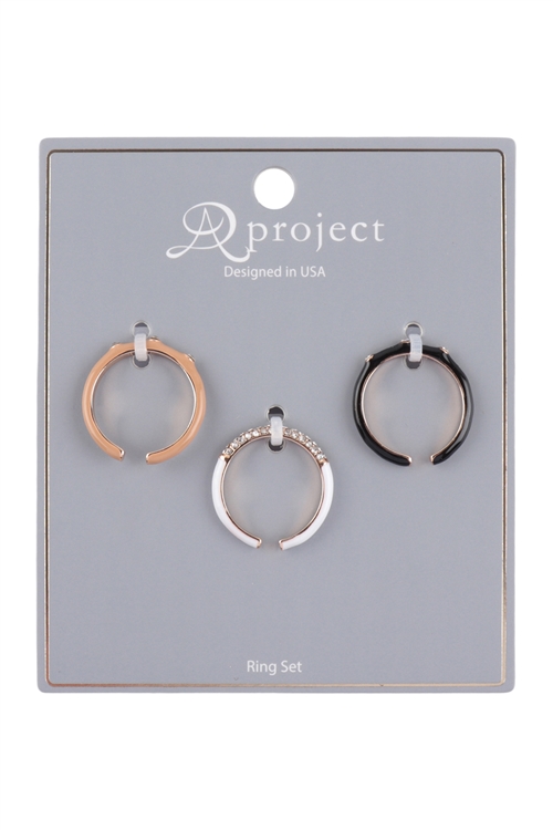 A3-2-3-QR1104WHT-BLK-LBRW - PAVE GLASS EPOXY OPENBACK RING SET - WHITE-BLACK-LIGHT BROWN/6PCS