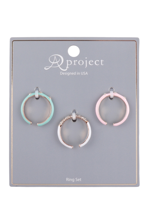 A3-2-3-QR1104WHT-MINT-L-PK - PAVE GLASS EPOXY OPENBACK RING SET - WHITE-MINT-LIGHT PINK/6PCS