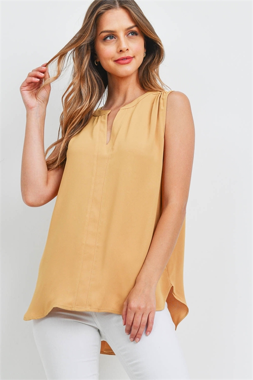 S7-9-1-QT-2657-LTMU - WOVEN WOOL PEACH SPLIT NECK SLEEVELESS BLOUSE- LIGHT MUSTARD 1-1-2-2