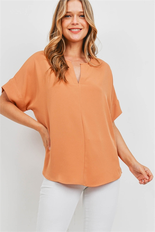 S10-5-3-QT-2704-BTROR - HEAVY WOVEN SPAN SPLIT NECK SHORT SLEEVE TOP- BUTTER ORANGE 1-1-2-2