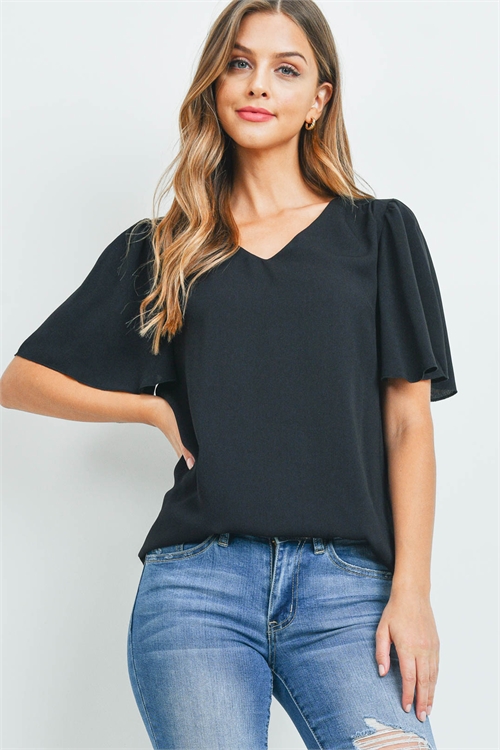 C18-Bottom-QT-2716-BK-A - WATERFALL SLEEVE V-NECK ROUND HEM TOP- BLACK 13-0-6-4