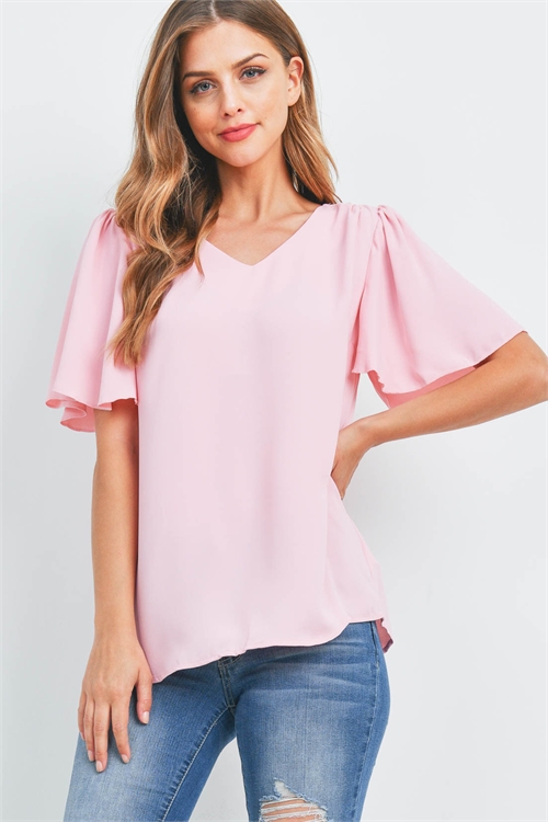 S9-20-3-QT-2716-DSTPK - WATERFALL SLEEVE V-NECK ROUND HEM TOP- DUSTY PINK 1-1-2-2