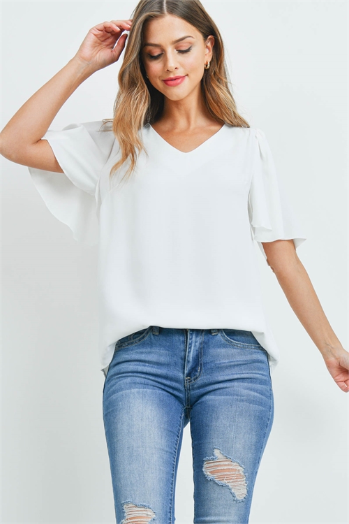 S16-4-4-QT-2716-IV - WATERFALL SLEEVE V-NECK ROUND HEM TOP- IVORY 1-1-2-2