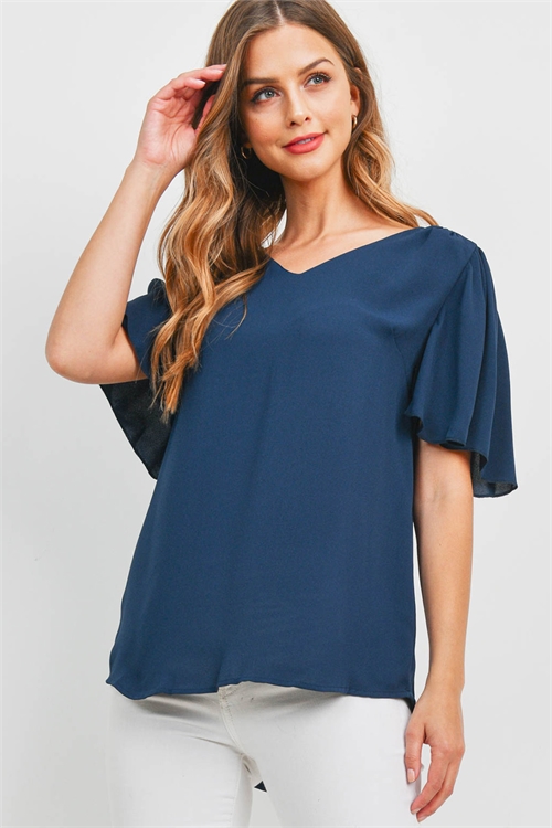 S15-7-4-QT-2716-MDNNV - WATERFALL SLEEVE V-NECK ROUND HEM TOP- MIDNIGHT NAVY 1-1-2-2