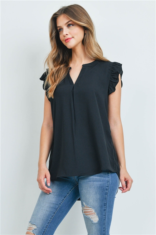 S16-10-1-QT-2744-BK - SOLID RUFFLED SLEEVE TOP- BLACK 1-1-2-2