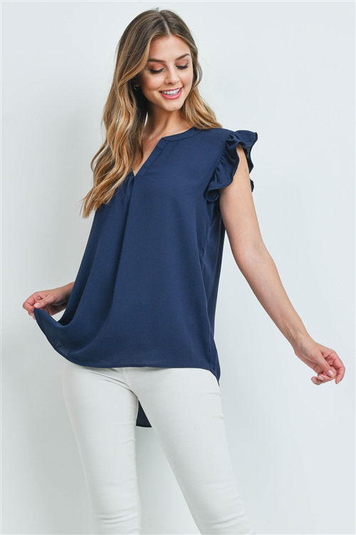 S15-8-3-QT-2744-NV - SOLID RUFFLED SLEEVE TOP- NAVY 1-1-2-2