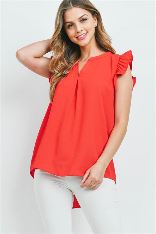 S13-1-1-QT-2744-RB - SOLID RUFFLED SLEEVE TOP- RUBY 1-1-2-2