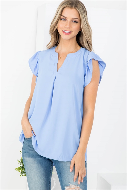 S16-2-1-QT-2744-SPBL - SOLID RUFFLED SLEEVE TOP- SPRING BLUE 1-1-2-2