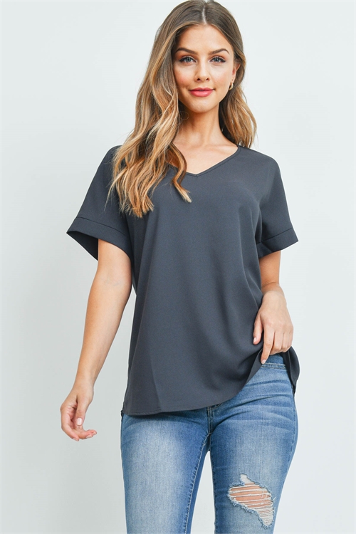 S4-1-3-QT-3501-AGY - CUFF SLEEVE V-NECK BLOUSE- ASH GREY 1-1-2-2