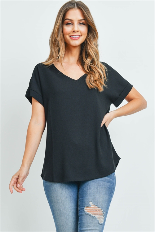 S6-1-1-QT-3501-BK - CUFF SLEEVE V-NECK BLOUSE- BLACK 1-1-2-2