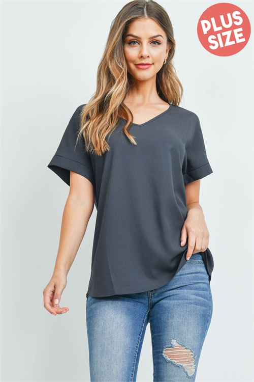 S4-10-2-QT-3501X-AGY - PLUS WOVEN HEAVY DOBBY ROLLED SLEEVE V-NECK TOP- ASH GREY 3-2-1