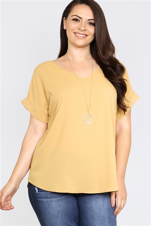 S4-10-3-QT-3501X-LTMU - PLUS WOVEN HEAVY DOBBY ROLLED SLEEVE V-NECK TOP- LIGHT MUSTARD 3-2-1