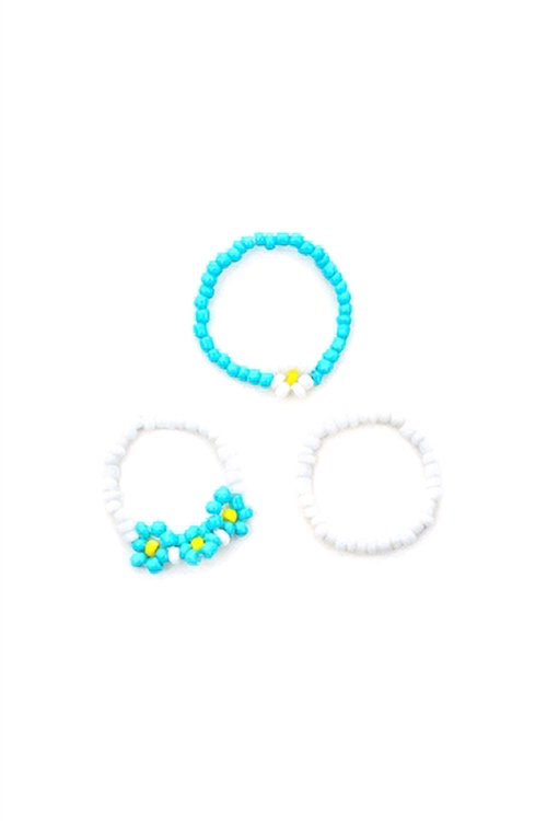 S1-1-5-R1511AQWH - FLOWER SEED BEAD STRETCH 3 SET RING-AQUA WHITE/1PC