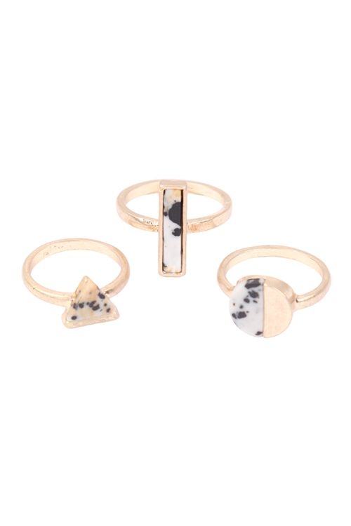 SA4-1-2-R6034DAL - SEMI PRECIOUS 3 SET GEOMETRIC SHAPE RING - DALMATIAN/6PCS