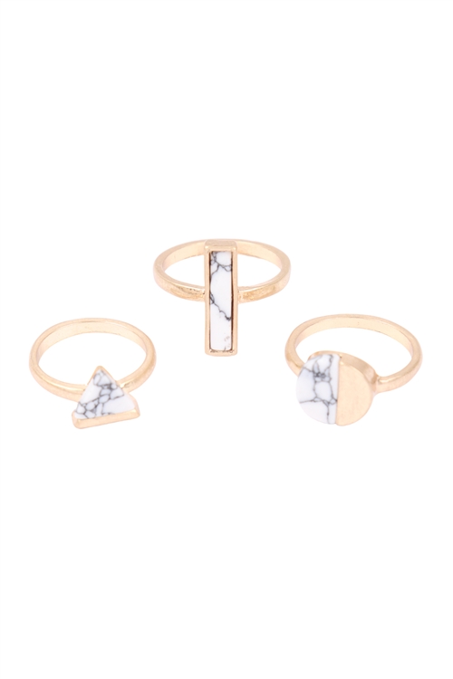 SA4-1-2-R6034WHT - SEMI PRECIOUS 3 SET GEOMETRIC SHAPE RING - WHITE/6PCS