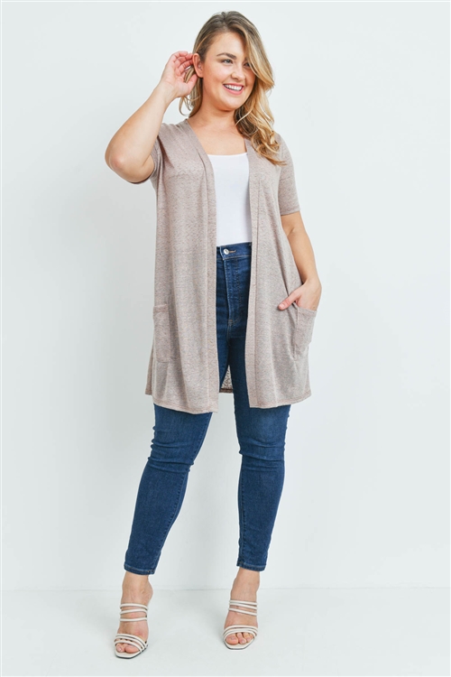 S15-8-1-RFC3008X-TIARA-DKTP - SHORT SLEEVED TEXTURED PLUS SIZE CARDIGAN- DARK TAUPE 3-2-1