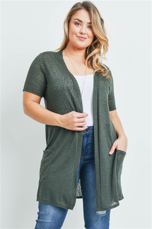 S16-8-2-RFC3008X-TIARA-OV-1 - SHORT SLEEVED TEXTURED PLUS SIZE CARDIGAN- OLIVE 3