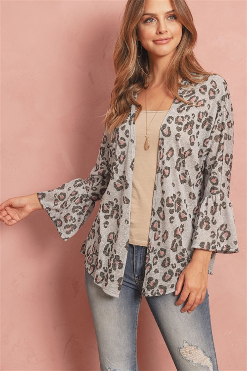 S7-1-3-RFC3019-RAP001-GY - ANIMAL PRINT BELL SLEEVE SEMI-SHEER OPEN CARDIGAN- GREY 1-2-2-2 (NOW $5.75 ONLY!)