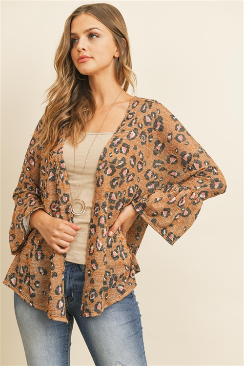 S7-1-4-RFC3019-RAP001-MU - ANIMAL PRINT BELL SLEEVE SEMI-SHEER OPEN CARDIGAN- MUSTARD 1-2-2-2 (NOW $5.75 ONLY!)