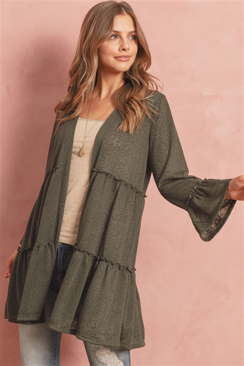 S4-3-1-RFC3022-TIARA-OV - TIERED SEMI-SHEER OPEN CARDIGAN- OLIVE 1-2-2-2