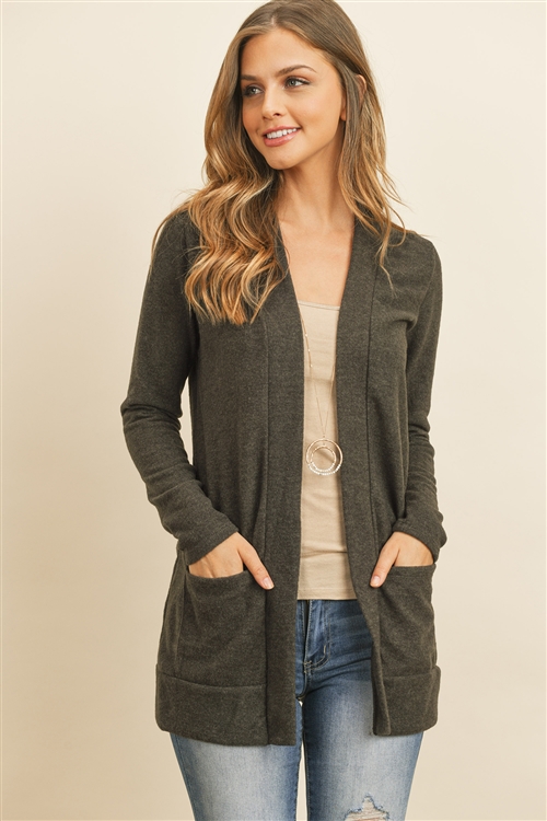 S12-4-3-RFC3030-HCB-CHL2T - HACCI BRUSHED OPEN FRONT CARDIGAN- CHARCOAL 2TONE 1-2-2-2