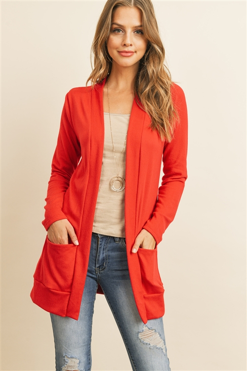 S12-12-3-RFC3030-HCB-FLRD - HACCI BRUSHED OPEN FRONT CARDIGAN- FALL RED 1-2-2-2